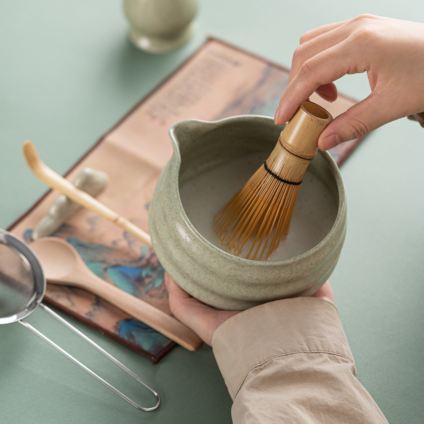 Transfronterizos para el set de tazón Matcha japonés con boquilla de tazón de té de cerámica con un dial de té de 4 piezas set de 8 piezas set de herramientas de té