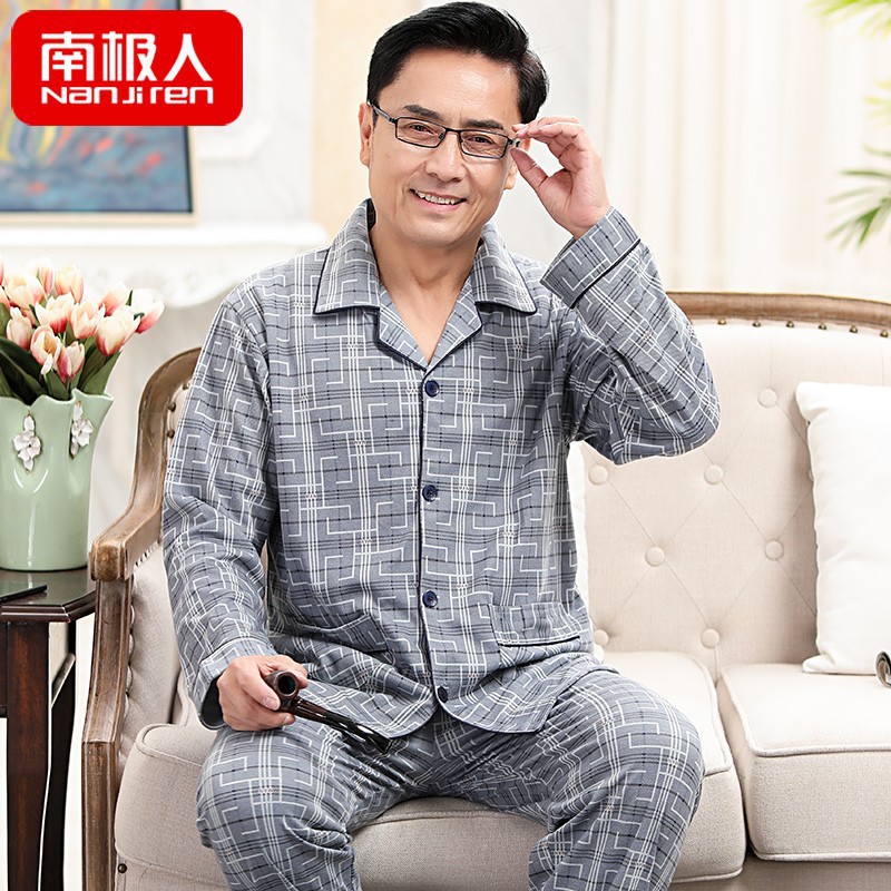 Primavera y otoño pijamas de los hombres de mediana edad papá cardigan 100% algodón de manga larga de los hombres viejos más tamaño homewear traje