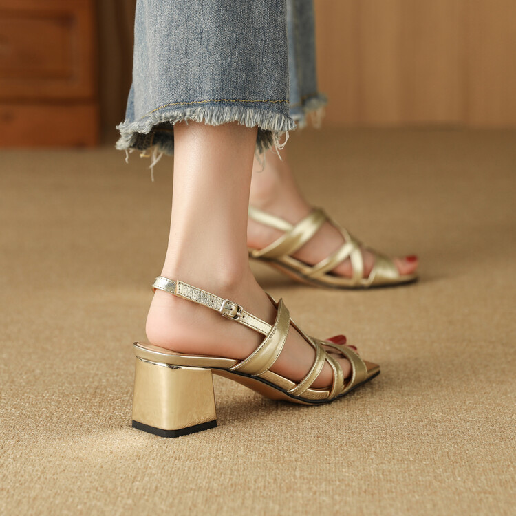 Sandal cao gót nữ da thật mũi vuông hở mũi gót thô 9 cm — Màu vàng, Màu bạc chi tiết 49