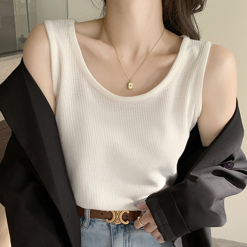 H309 White Camisole Women's Summer Loose Black Inner Layer Outer Waffle Sleeveless Versatile Top