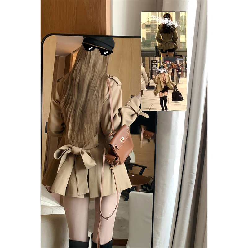 Bai Shui Women's Kikuko Kitagawa Butterfly Bow Trench Coat, Autumn Korean Style Women's Short Khaki Coat Bai Shui Women's Kikuko Kitagawa Butterfly Bow Trench Coat, Autumn Korean Style Women's Short Khaki Coat