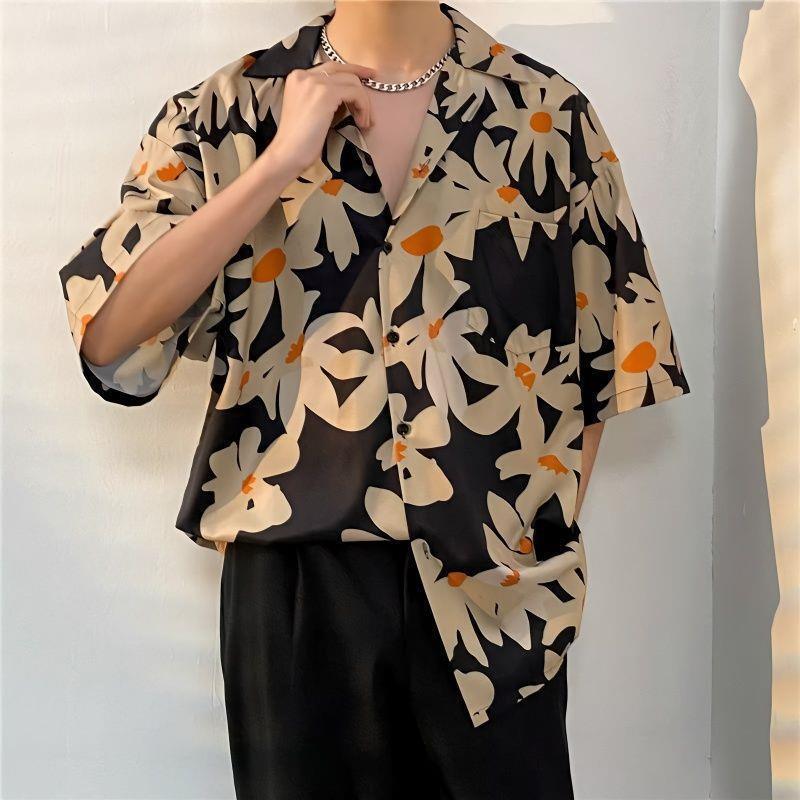 Vintage Vintage Cuban Collar Floral Shirt for Men and Women Loose American Design Couple Beach Short-Sleeved Shirt