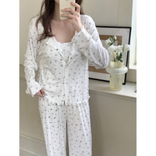 实拍2024INS棉秋季针织木耳边小碎花少女家居服睡衣套装带胸垫