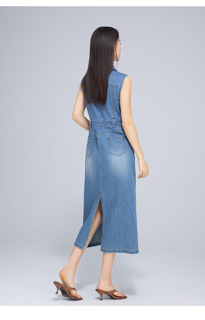 Váy denim cổ điển dáng dài không tay, thắt eo tôn dáng — Xanh lam hoài cổ chi tiết 25