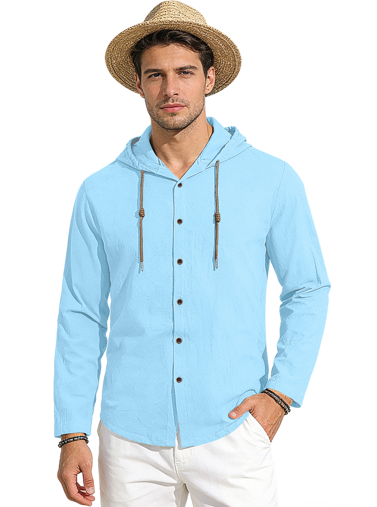 Transfronterizo Amazon nuevo estilo de primavera y verano hombre encapuchado camiseta suelta de algodón puro transpirable camisa casual de manga larga