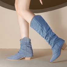 牛仔靴女粗跟高跟踝靴網紅爆款2023設計感西部靴木根夏季款馬丁靴