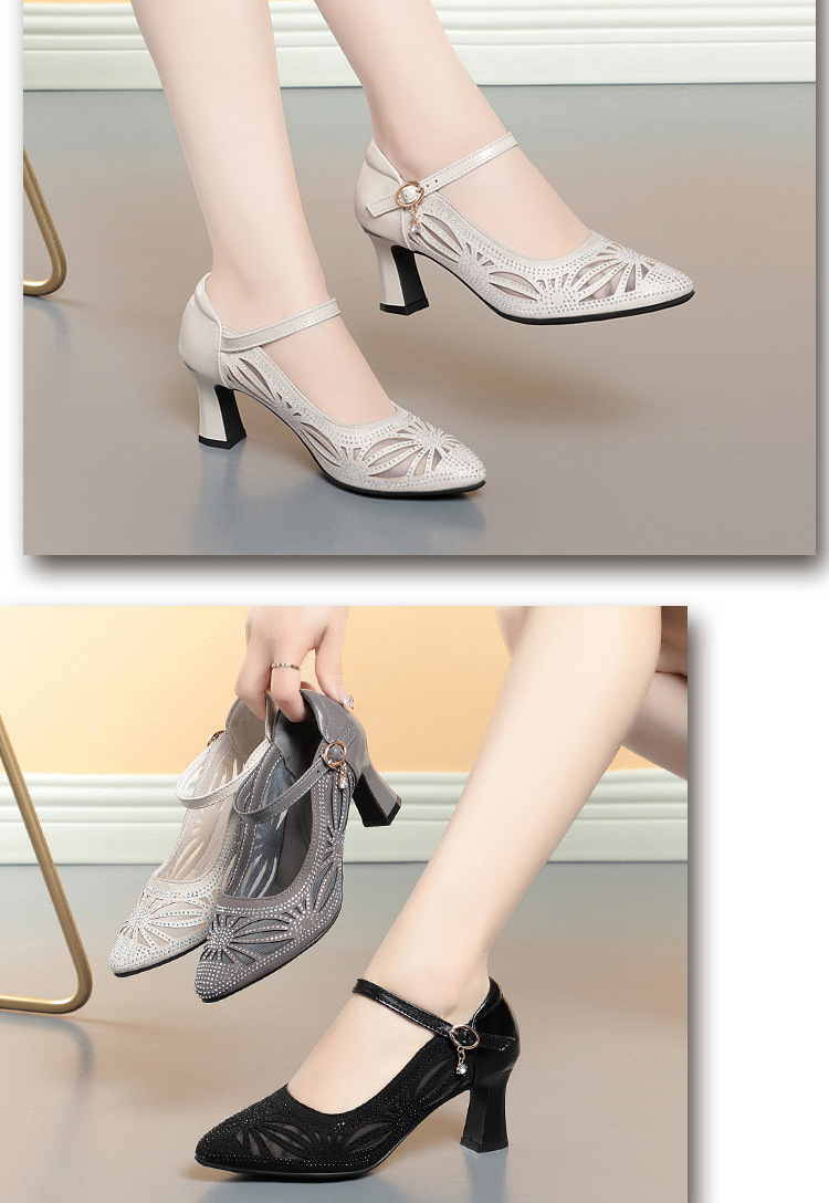 Sandal cao gót nữ hở mũi da lưới thoáng khí, gót vuông ổn định — Màu be chi tiết 9