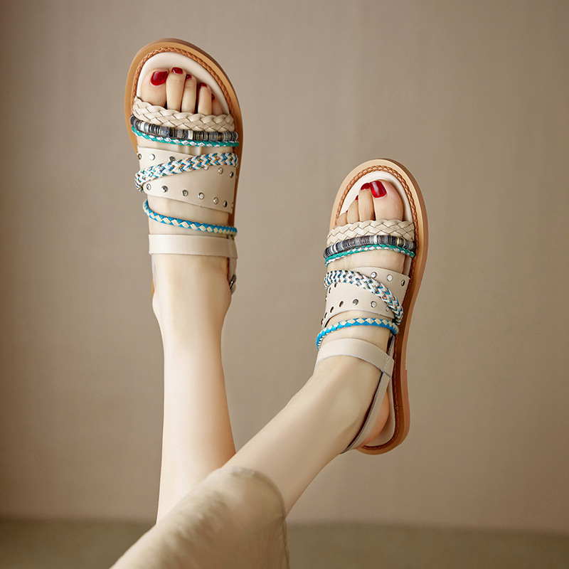 Dép sandal nữ quai ngang đế bằng da bò dệt phối màu, kiểu La Mã hở mũi — đen