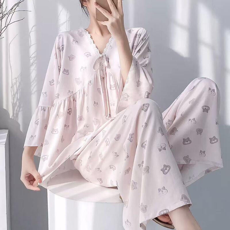 Cotton Silk Pajamas for Women in Spring and Summer with Breast Pads That Can Be Worn Outside as Home Clothes, Lace V-Neck, Pure Color, Simple Cotton Silk Set Cotton Silk Pajamas for Women in Spring and Summer with Breast Pads That Can Be Worn Outside as Home Clothes, Lace V-Neck, Pure Color, Simple Cotton Silk Set