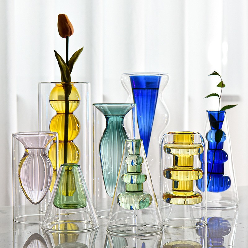 Nórdico creativo color vidrio pequeño florero doble transparente florero restaurante escritorio aromaterapia botella decoración flor hidropónica