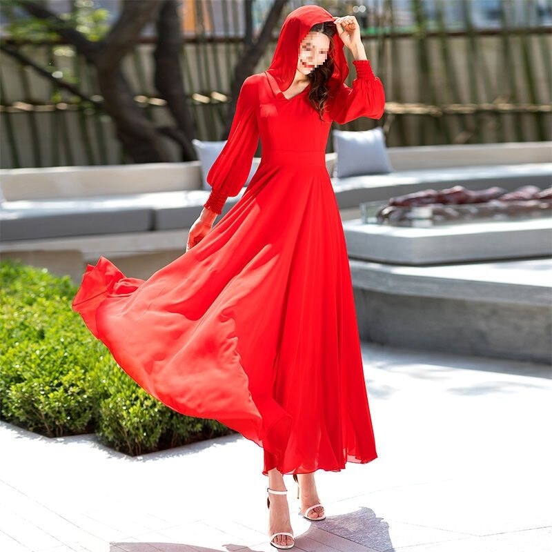 Red Bohemian Long-Sleeved Chiffon Ankle-Length Dress with Hood for Women, Beach Skirt for Seaside Vacation Red Bohemian Long-Sleeved Chiffon Ankle-Length Dress with Hood for Women, Beach Skirt for Seaside Vacation