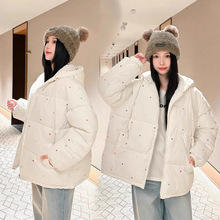 甜美可爱波点印花连帽加厚棉服棉衣女冬季新款宽松保暖面包服外套