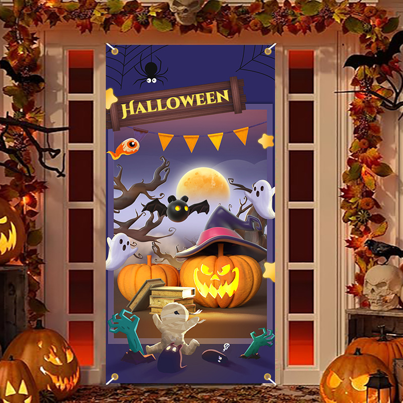 Cross-Border Halloween Door Cover Decoration Door Decoration Front Door Cover Horror Moon Night Cemetery Pumpkin Porch Background Cloth Hanging Flag