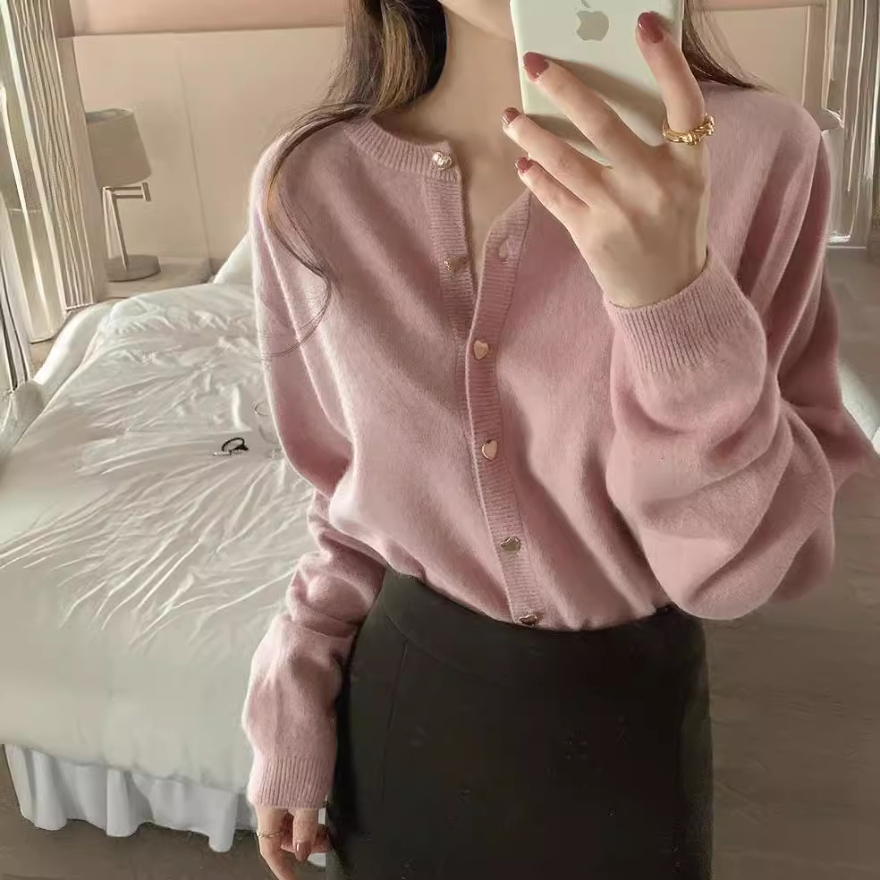 Dulce tierno amor botón rosa suéter cardigan suelta mujer coreana invierno invernal cortos abrigo de punto chaqueta superior