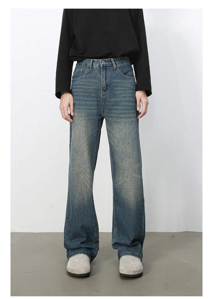 Quần jean nam ống rộng suông thẳng phong cách Mỹ, denim wash đơn giản — màu xanh, màu xanh nhạt chi tiết 4