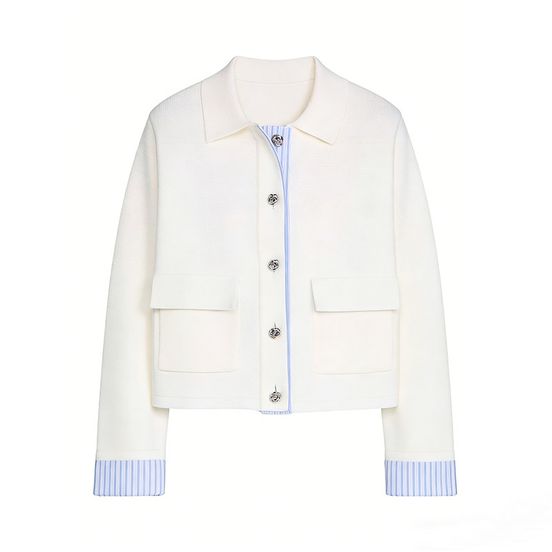 S Brand 2026 Spring/Summer New Polo Collar Patchwork Striped Color-Blocked Twist Pattern Metal Buckle Casual Versatile Knit Cardigan S Brand 2026 Spring/Summer New Polo Collar Patchwork Striped Color-Blocked Twist Pattern Metal Buckle Casual Versatile Knit Cardigan