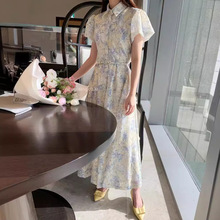 2024夏季新品法式气质中式立领泡泡袖水墨画印花时尚连衣裙配腰带