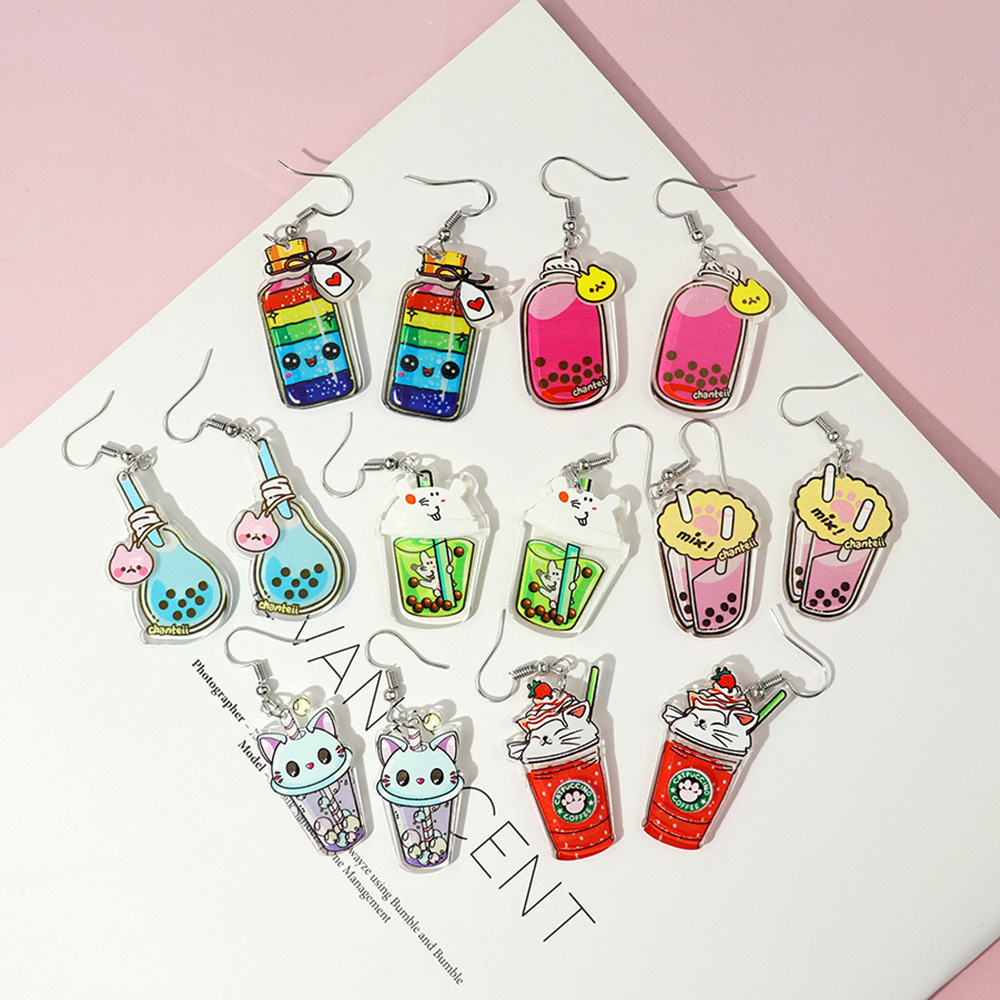 8g Weight Drop Earrings Classification 1 Pair Quantity Daily Occasion Acrylic Material Milky tea bottle, Letter, Rainbow Pattern Women'S Gender Cute Style 1 Pair Cute Milky Tea Bottle Letter Rainbow Arylic Drop Earrings 无