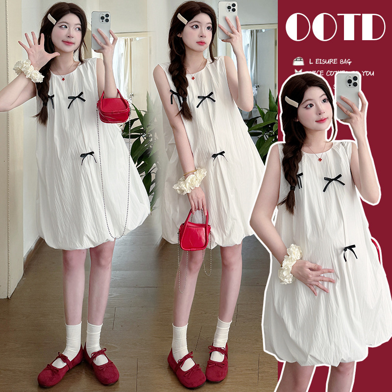 Maternity Wear 2025 New Style for Pregnant Women, Sweet and Cute Sleeveless White Flower Bud Dress