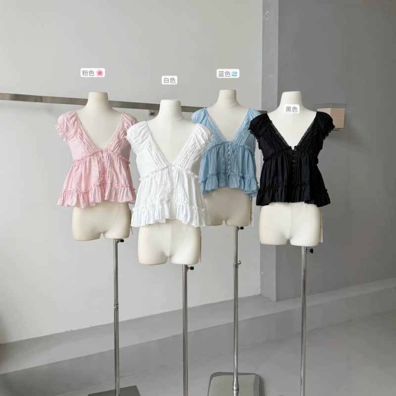 Summer New Style French Lace Multi-Technique V-Neck Backless Sheer Ruffle Blouse 2026 Summer New Model