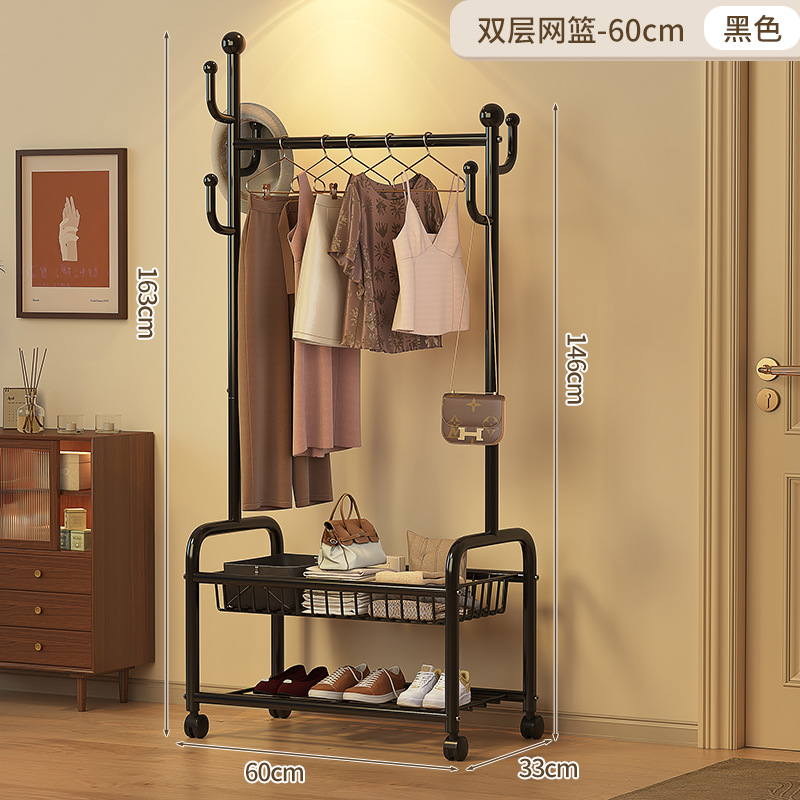 60cm 더블 레이어 메쉬 바스켓 - 클래식 블랙 + 후크 6개 + 금속 범용 휠