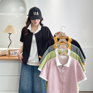 2025 summer fake 2 zipper T-shirt short sleeve plus size women's contrast fashion lapel top fat girl niche T-shirt 866