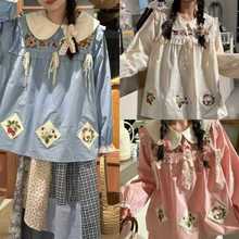 森系可爱甜美娃娃领宽松减龄日系文艺小清新贴布绣花上衣森女衬衫