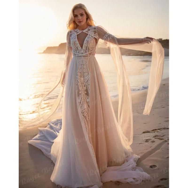 New Wedding Dress Summer European and American Foreign Trade Women's Dress Long-Sleeved Lace Sexy Backless Floor-Length Wedding Dress Long Dress