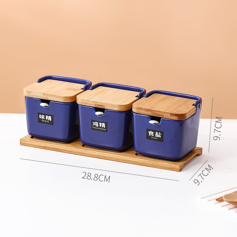 Azul con tapa de tres latas + bandeja de bambú + cuchara + pegatinas