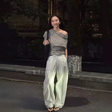 LiHuiEr李慧儿 流浪手风琴 短袖t恤女2026新款条纹一字肩斜肩上衣