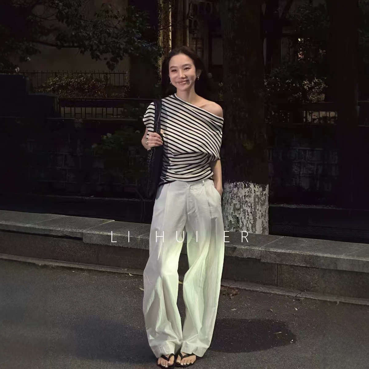 LiHuiEr李慧儿 流浪手风琴 短袖t恤女2026新款条纹一字肩斜肩上衣