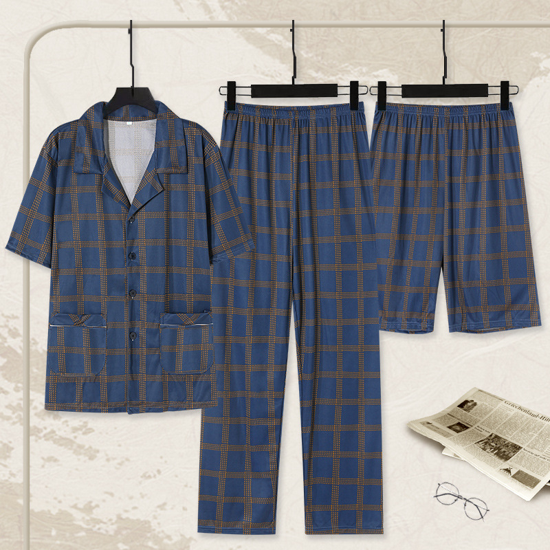 Pijamas de hombre verano 100% algodón Delgado pantalones cortos de manga corta pantalones conjunto de tres piezas se pueden usar fuera traje de desgaste para el hogar