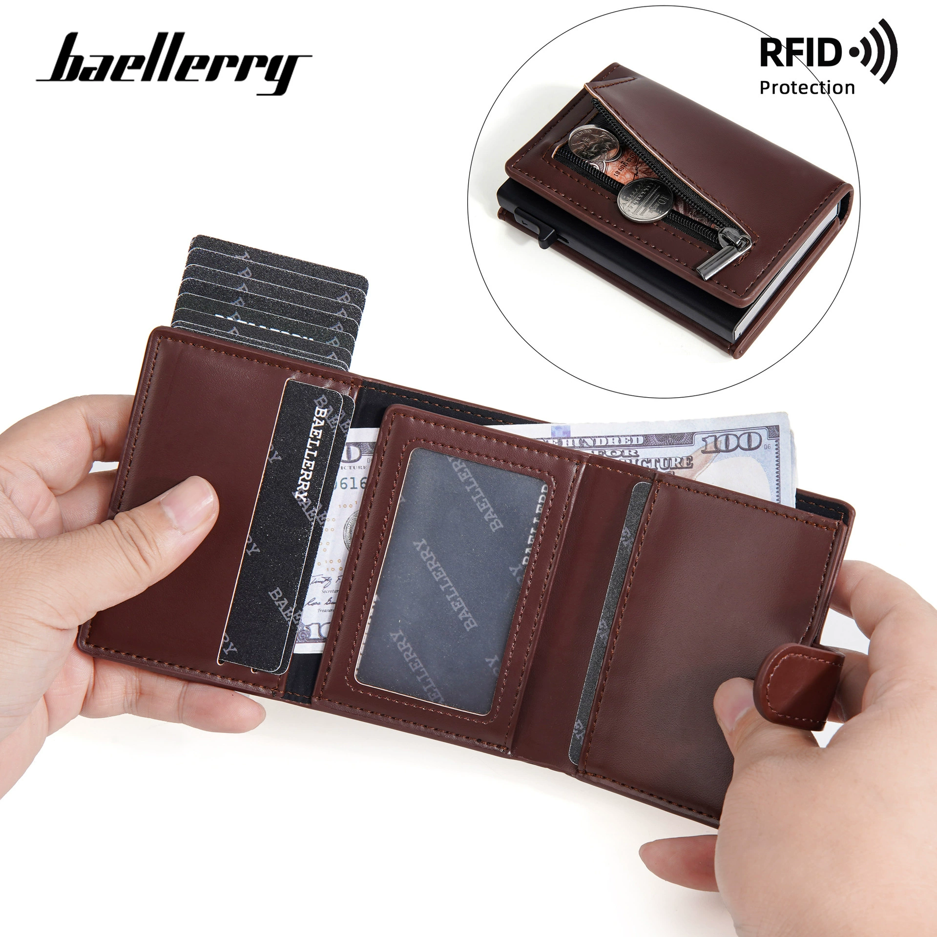 Новая мужская сумка для карт Baellerry CrossBorder с функцией RFID, противоугонным устройством, кнопкой-кисточкой, алюминиевой коробкой, зажимом для кредитных карт