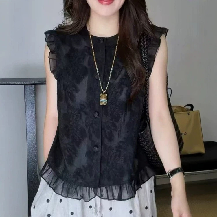 Wholesale 2026 New Korean Style Sleeveless Round Neck Slimming Loose Single-Breasted Shirt Summer Outerwear Black Vest Wholesale 2026 New Korean Style Sleeveless Round Neck Slimming Loose Single-Breasted Shirt Summer Outerwear Black Vest