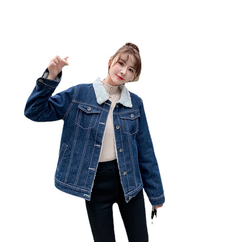 2021 Autumn And Winter New Loose Large Denim Jacket Women's Plush Thickened Lamb Wool Cotton Jacket Student Trend