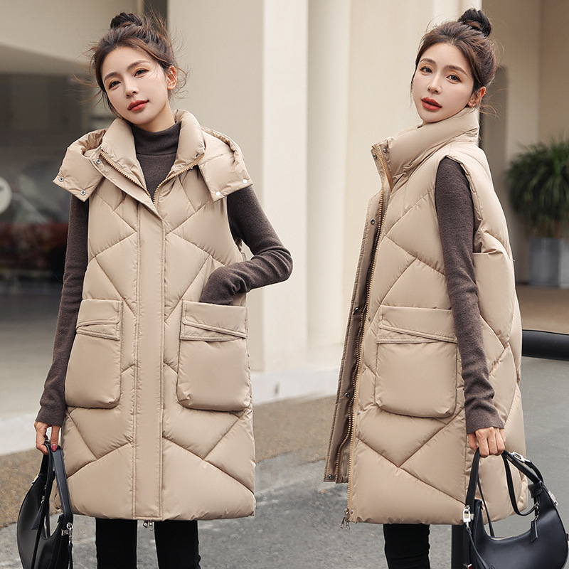 Hat-off Winter New Long Korean Down Cotton Vest Women's Long Over-lacquer Thickened Women's Cotton Vest Waistcoat