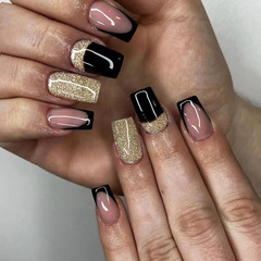 Flash Gold Powder Black French False Nails Fashion Instagram Style Nail Art