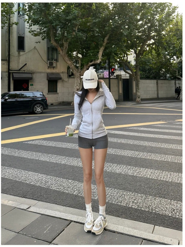 灰色修身卫衣外套女款早秋穿搭正肩收腰连帽上衣显瘦紧身收腰|undefined