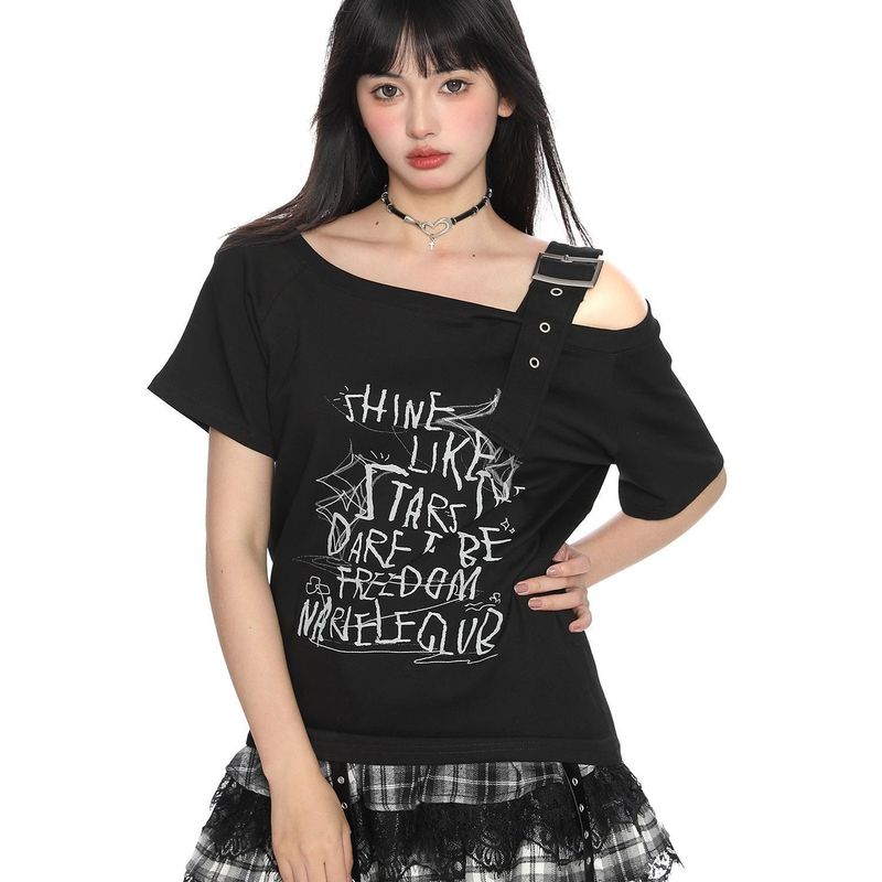 设计感斜肩吊带短袖t恤女夏季新款涂鸦印花显瘦辣妹风露肩上衣潮|undefined