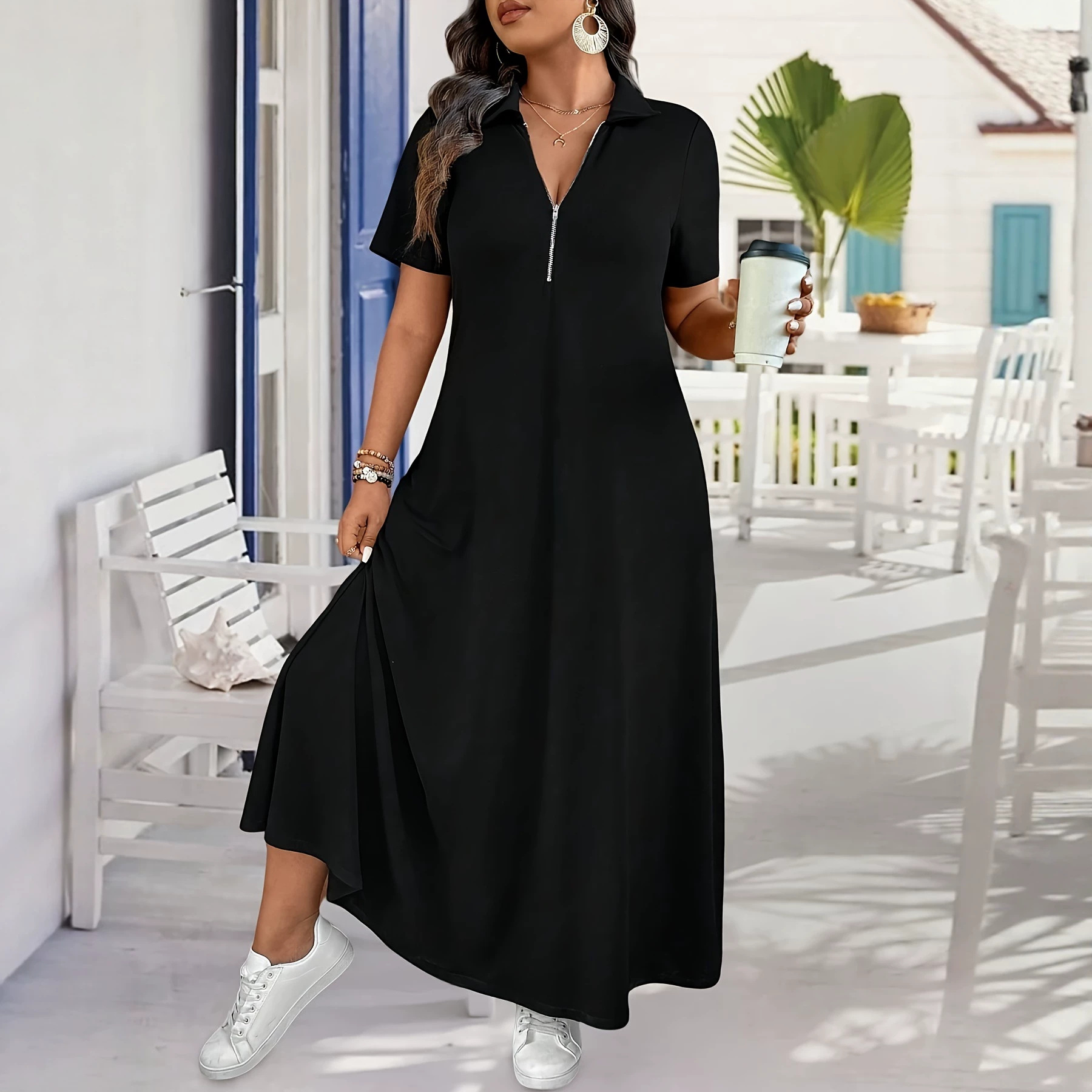2026 Summer New French Style High-Waisted Slimming Straight-Shoulder POLO Collar Short-Sleeve Solid Color Zipper Women's Dress