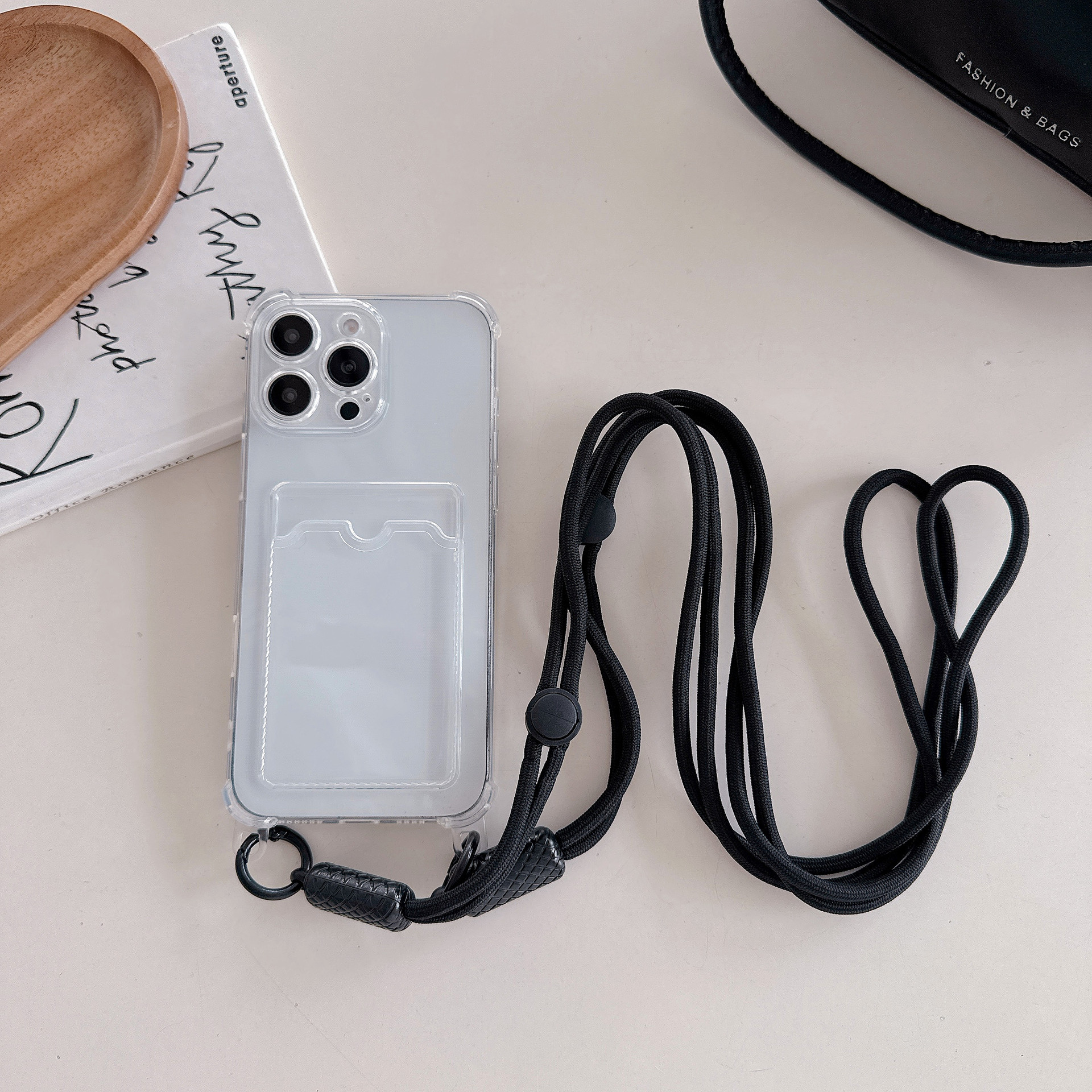 iPhone 15 için uygun, Apple iPhone 14 cep telefonu kılıfı ile uyumlu, şeffaf siyah kartlık, çapraz askılı kordon.