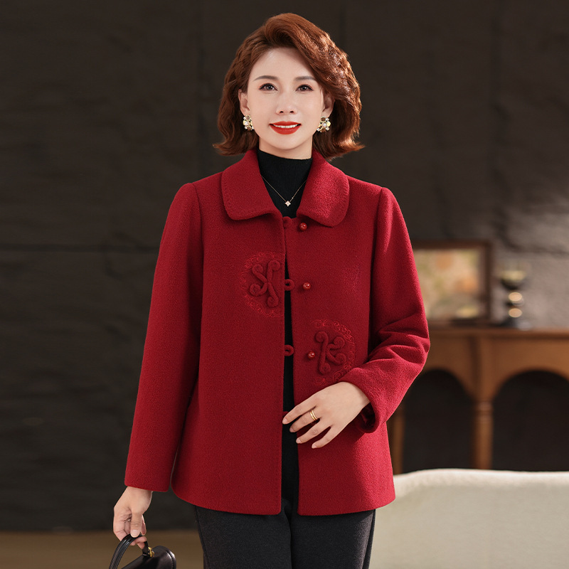 Petite Mom Autumn Winter Woolen Coat for Middle-Aged and Elderly Women, New Chinese Style High-End Turn-Down Collar Thickened Coat