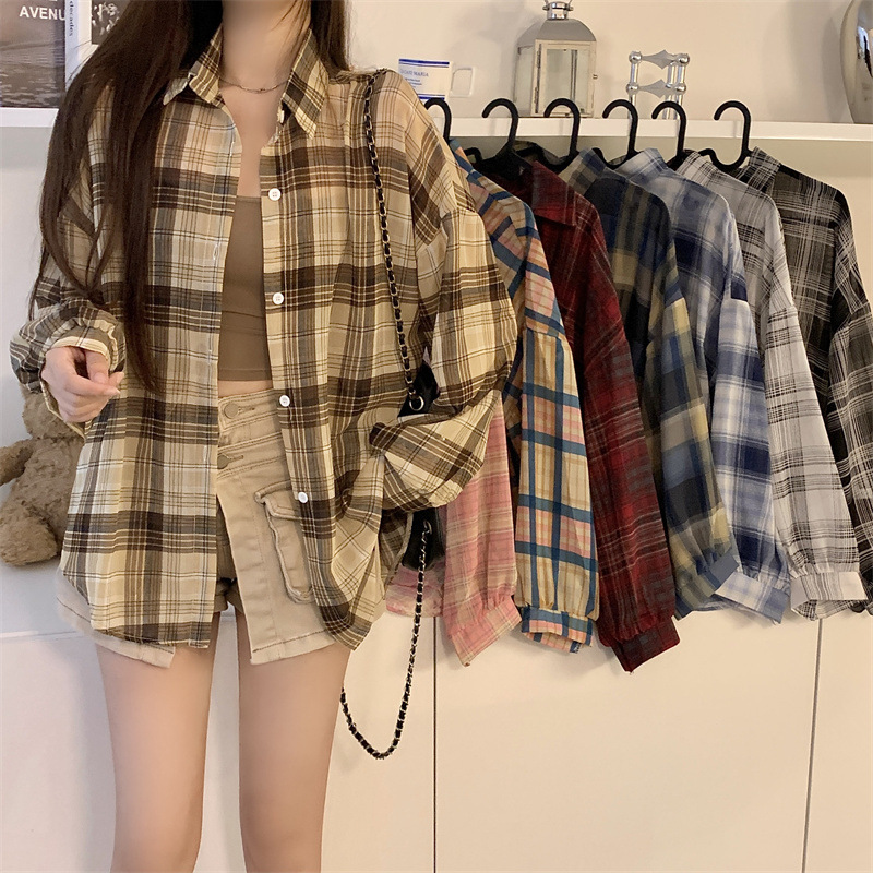 新しいアメリカンチェック柄シャツ女性のための 2025 夏の新しい怠惰なスタイルのシャツジャケット日焼け止めトップトレンディ|undefined