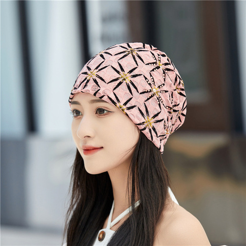Four Seasons Embroidered Diamond-Hole Women's Breathable Soft Beanie Scarf Hat, Covering White Hair Air Conditioner Hat Thread Hat Mother Hat
