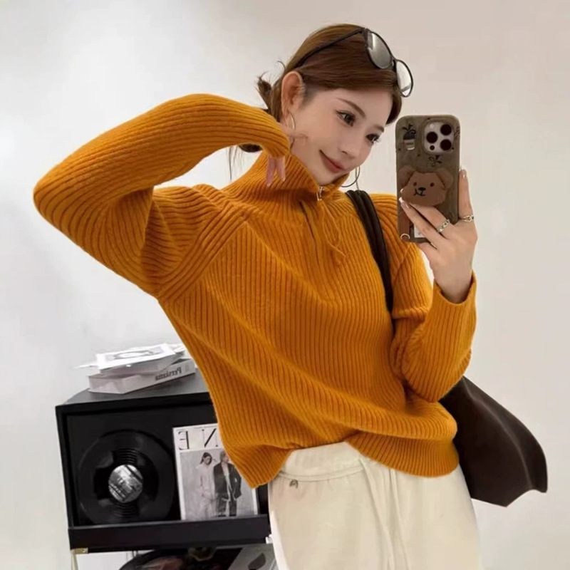 Retro Stand-Up Collar Korean Style Half-Zip Turtleneck Sweater for Women, Autumn and Winter Loose Stylish Base Knitwear with a High-End Feel Retro Stand-Up Collar Korean Style Half-Zip Turtleneck Sweater for Women, Autumn and Winter Loose Stylish Base Knitwear with a High-End Feel