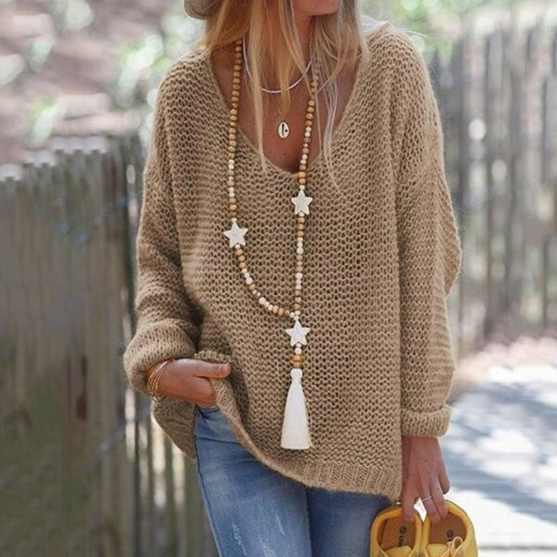 Damen-Strickpullover, V-Ausschnitt, langärmelig, Strickoberteil, Pullover_voghion.com