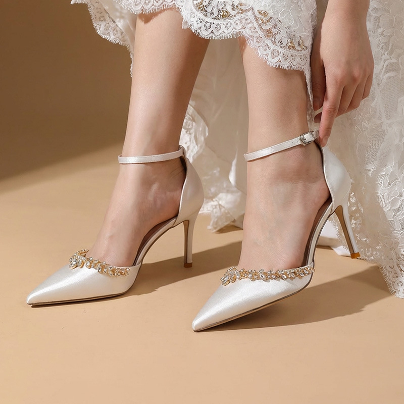 Women's Satin High Heels Sandals Single Buckle Strap Pointed Toe With Rhinestone Chain Hollow Sole Wedding Shoes New Style Summer_voghion.com
