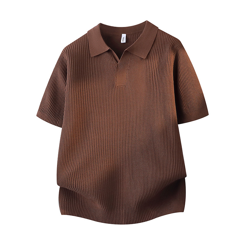 Herren-Polohemd im Vintage-Stil, kurzärmelig – Geripptes Baumwoll-T-Shirt im Stil alter Geldzeitalter (M-3XL, Weiß/Schwarz/Kaffee)_voghion.com