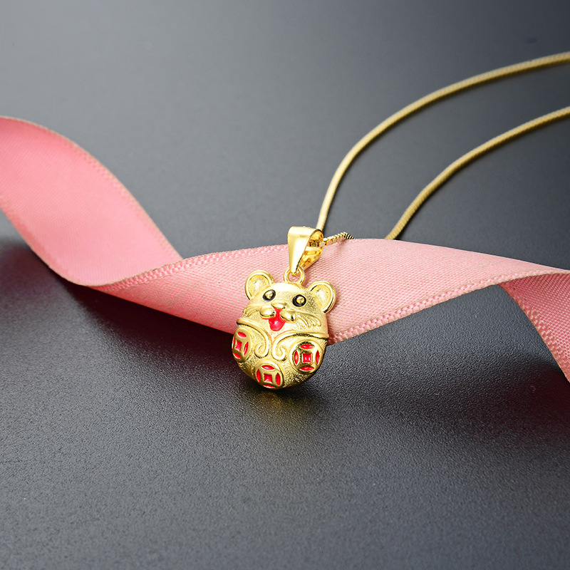 Regalo del día de San Valentín de Qixi 925 plata esterlina oro antiguo goteo de aceite de cobre moneda zodiacal colgante de ratón de la vida año collar mujer