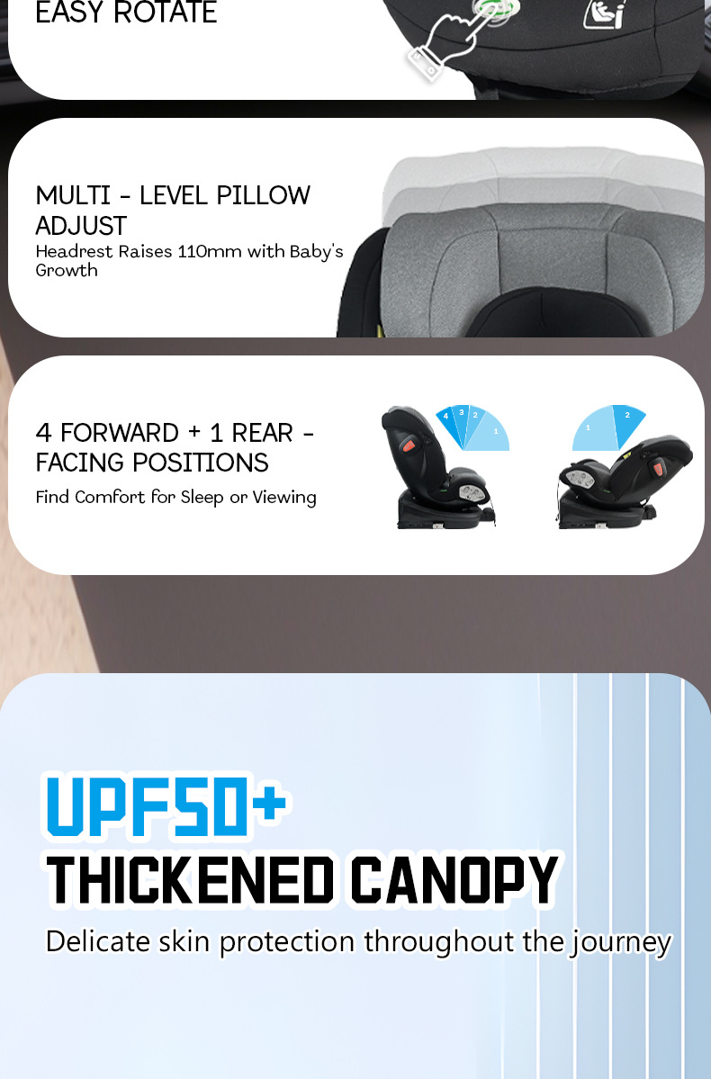 I-Size Certified Child Car Safety Seat for Babies Aged 0-12 Years 360 ° Rotating Isofix Support Leg